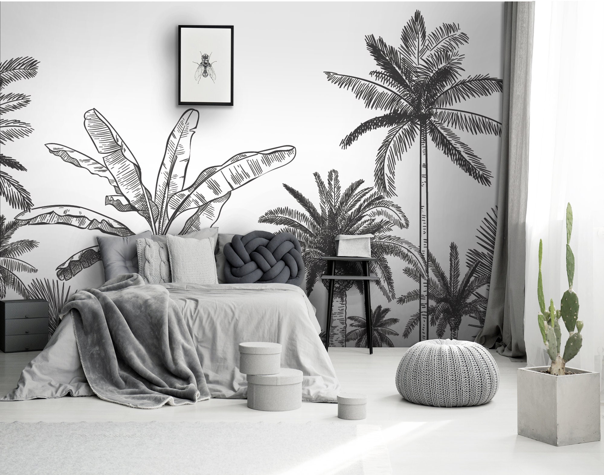 Tropical Jungle Black and White Wall Mural | Self-adhesive, Removable ...