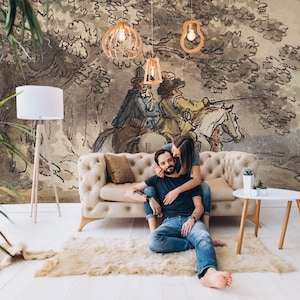 Scenic wallpaper, landscape with two musketeers wall mural | Peel and Stick (Self Adhesive) or Non Adhesive Vinyl Paper