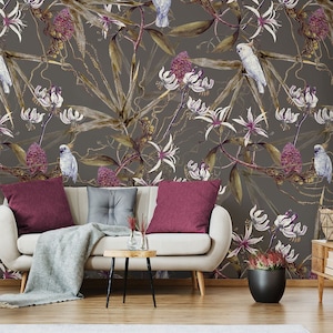Dark tropical watercolor wallpaper with white parrots* | self-adhesive, removable, peel & stick wall mural