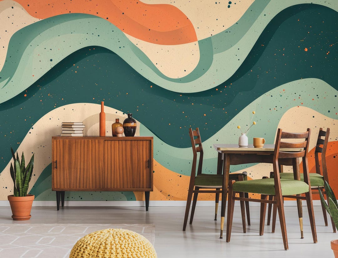 Retro Waves Wallpaper, Green & Orange Abstract Wall Mural, Peel and ...