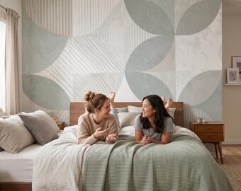 White & green geometric leaves wallpaper, abstract botanical wall mural | Peel and Stick (Self Adhesive) or Traditional Vinyl Paper