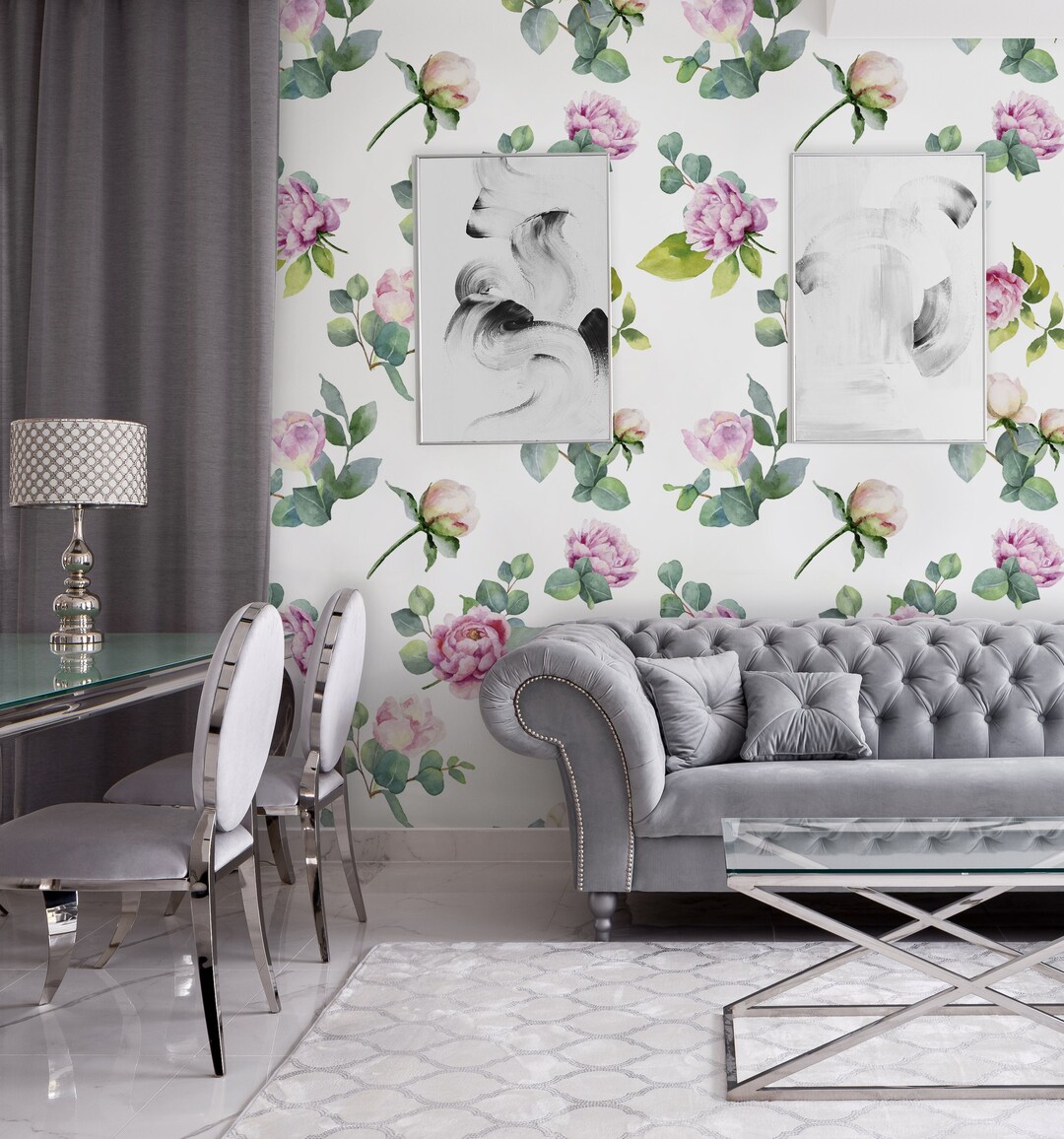 Small Pink Peony Flower Wallpaper, Botanical Wall Decor* | Peel and ...