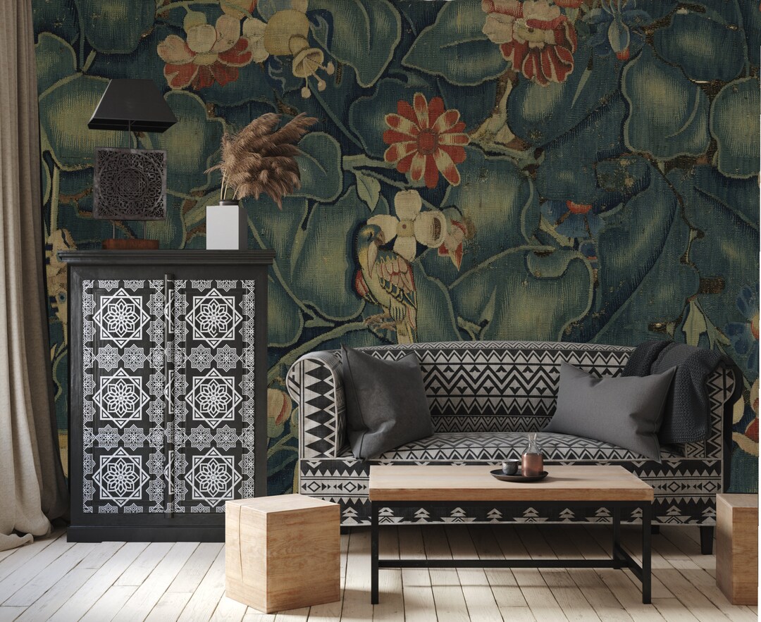 Vintage Old Green Wallpaper With Nature Motive on Fabric, Peel & Stick