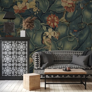 Vintage alte grüne Tapete mit Naturmotiv auf Stoff, Peel & Stick Wallpaper, selbstklebendes ablösbares Wandbild