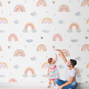 White wallpaper with rainbow pattern | self-adhesive wallpaper, removable, peel & stick wall mural, wall decor