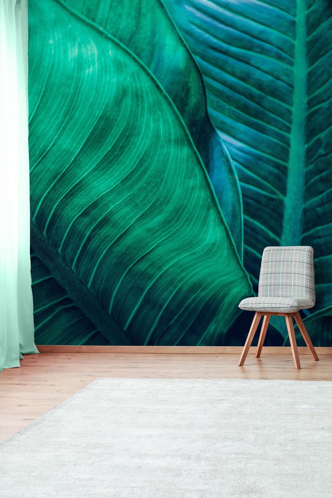 Tropical Leaves Peel and Stick Wallpaper, Bluish Green Floral Wall ...