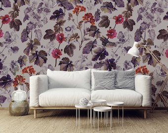 Floral Peel and Stick Wallpaper, Abstract Flowers and Leaves, Vinyl