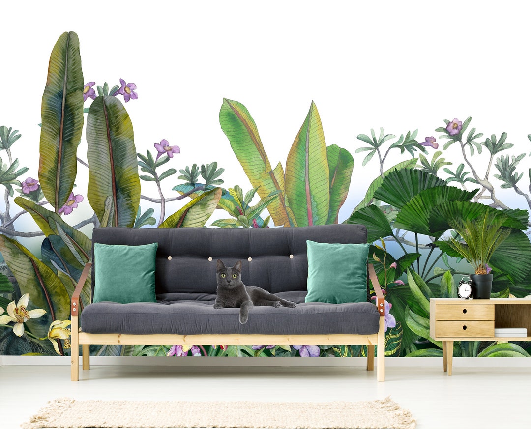 Tropical Leaves Wallpaper, Purple Flowers, Peel and Stick Wall Mural - Etsy