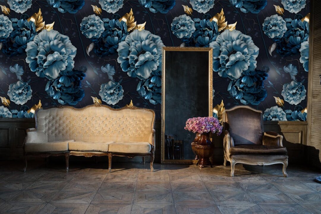 Dark Blue and Gold Matte Peony Mural Self-adhesive Wallpaper, Removable ...