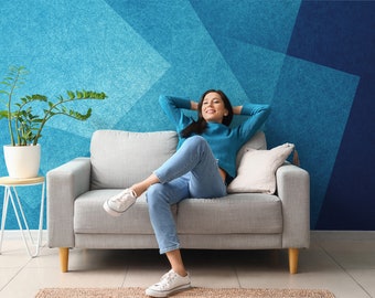 Abstract Blue Geometric Wallpaper Mural, Peel and Stick or Non Adhesive