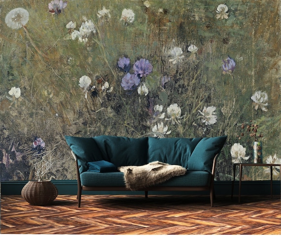 Painted Canvas Meadow Flowers Wallpaper, Peel and Stick Wall Mural