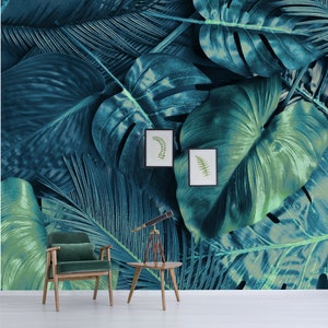 Carta da parati con foglie tropicali artificiali blu e verdi / murale autoadesivo, rimovibile, stacca e incolla, decorazione murale