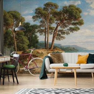 Vintage scenic tree and lake landscape wallpaper with animals | Peel and Stick (Self Adhesive) or Non Adhesive Vinyl Paper