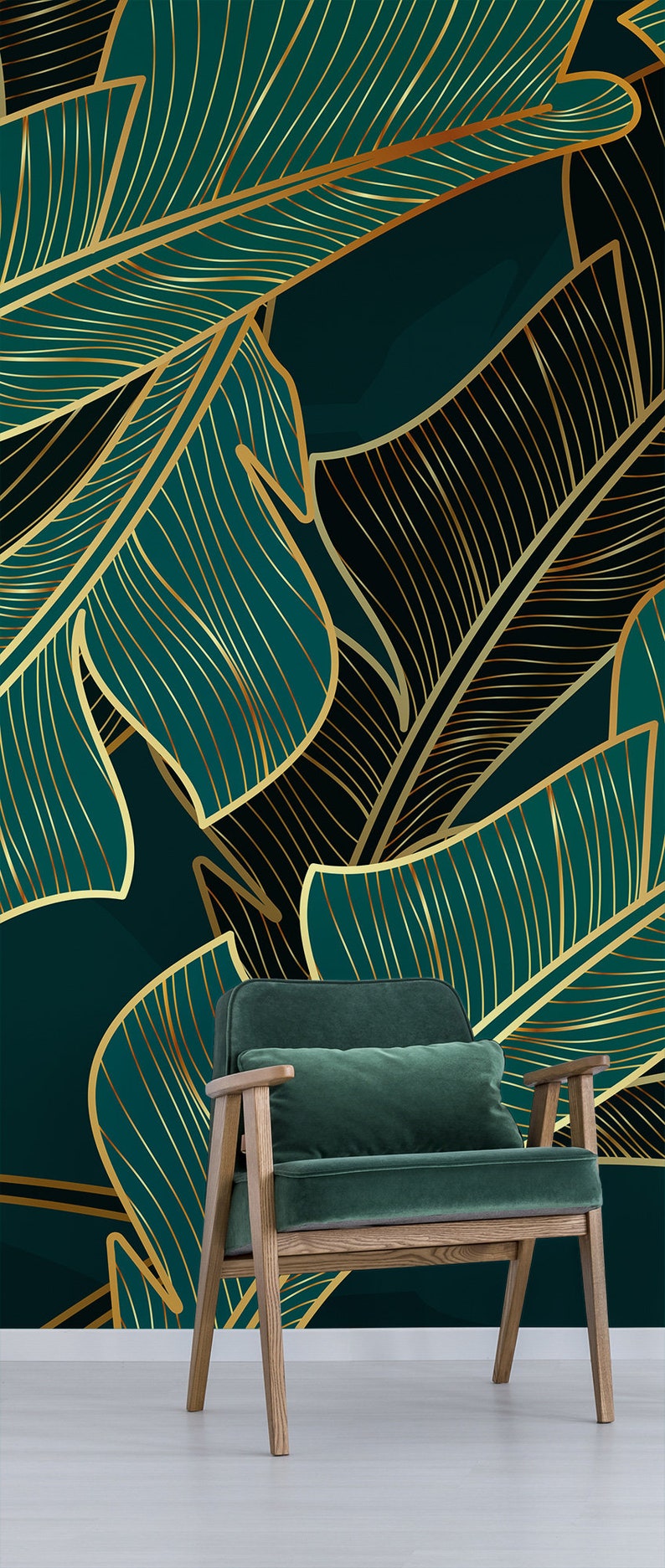 Tropical Leaf Wallpaper | Green & Gold Peel and Stick Wall Mural - Etsy