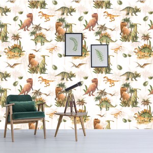Papel pintado de dinosaurio, dinosaurio de dibujos animados de acuarela, tropical / autoadhesivo, extraíble, mural de pared de cáscara y palo, decoración de pared