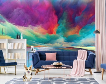 Beautiful colorful wallpaper with the horizon, rainbow colors pattern | self-adhesive, removable, peel & stick wall mural