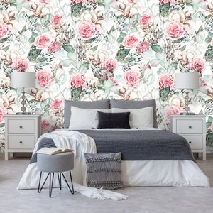 Watercolor wallpaper with beautiful pink roses and leaves, self adhesive, peel and stick floral wall mural