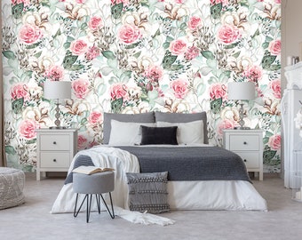 Roze rozen aquarel behang, zelfklevende bloemen muurschildering