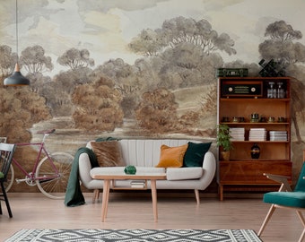 Vintage Landscape Wallpaper Mural, Scenic Peel and Stick Vinyl