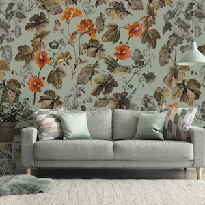 Green floral wallpaper, flowers and leaves, abstract pattern * | Peel and Stick (Self Adhesive) or Non Adhesive Vinyl Paper