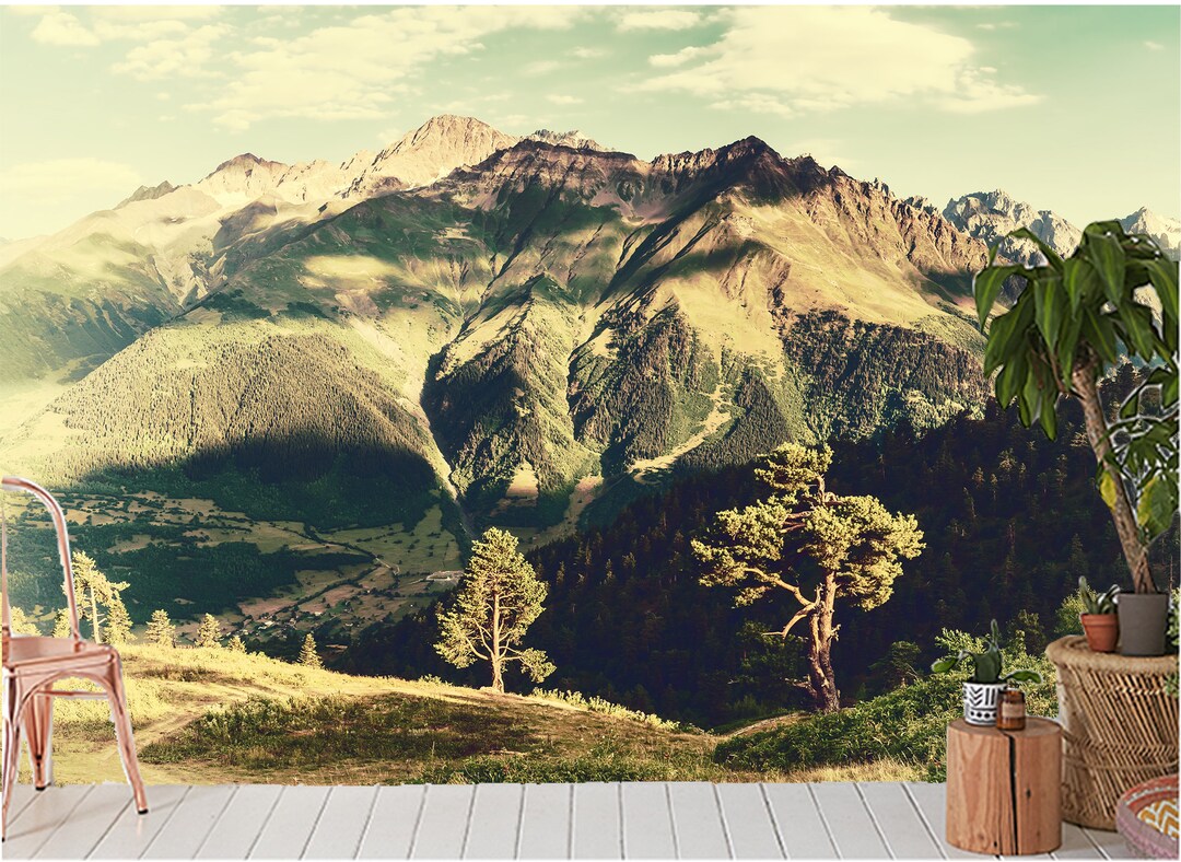 Vintage Wallpaper Landscape With Trees and Mountains Etsy