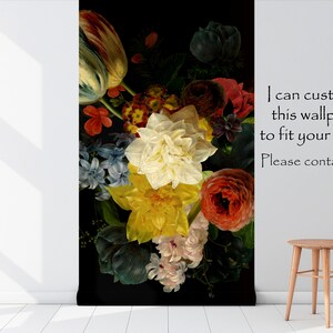 May include: A digital wallpaper featuring a still life painting of a bouquet of colorful flowers, including tulips, daffodils, and roses, on a black background.