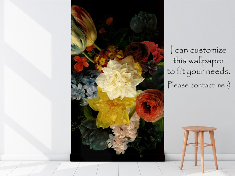 May include: A digital wallpaper featuring a still life painting of a bouquet of colorful flowers, including tulips, daffodils, and roses, on a black background.