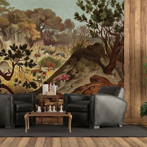 Forest Animals Wallpaper, Vintage Painting Wall Mural | Peel and Stick (Self Adhesive) or Non Adhesive Vinyl Paper