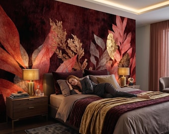 Dark red botanical wallpaper, abstract leaves wall mural, home decor | Peel and Stick (Self Adhesive) or Traditional Vinyl Paper