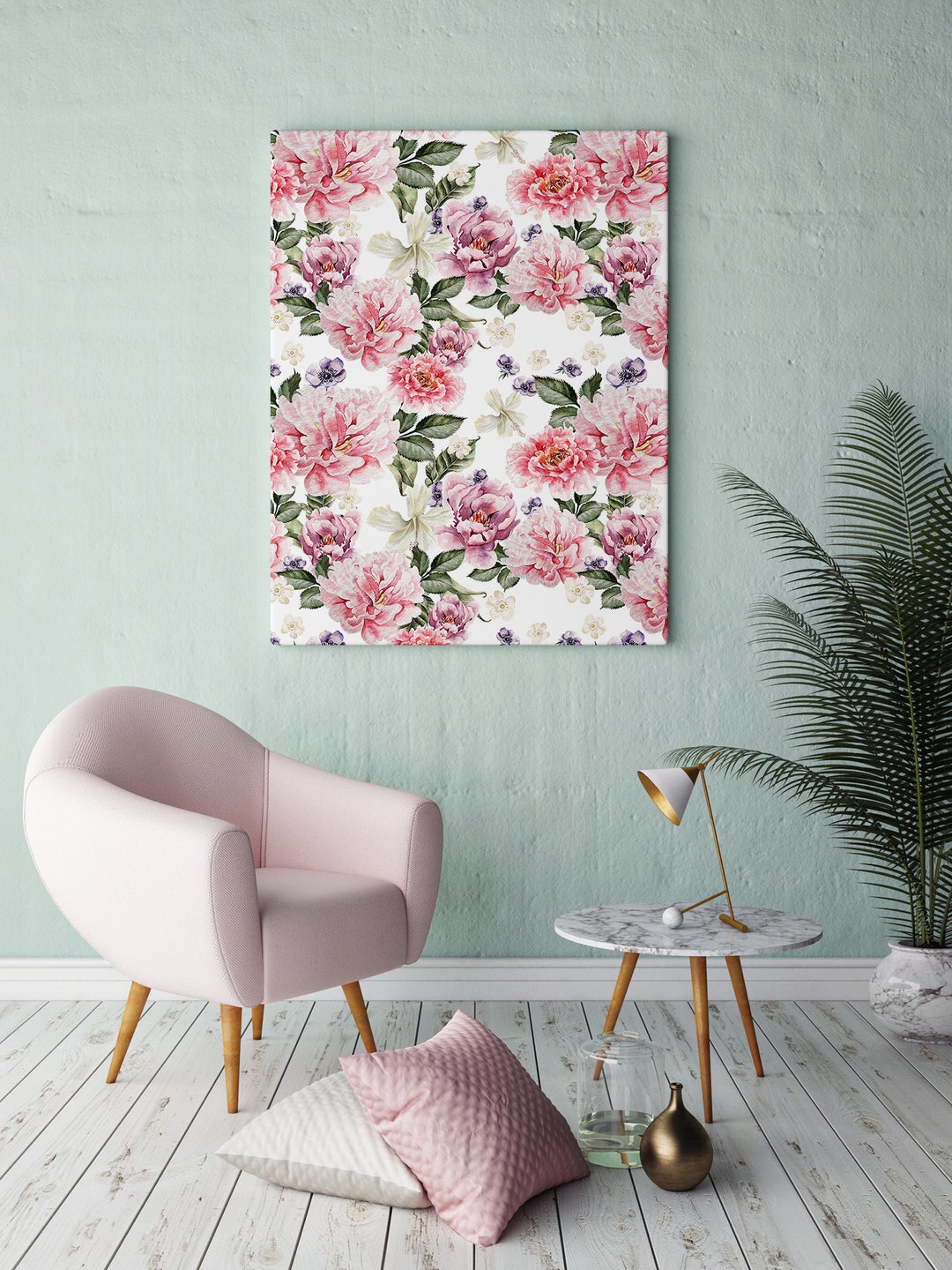Pink & White Peony Hibiscus Flowers, Canvas Print, Botanical Print ...
