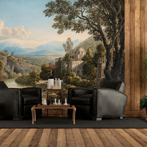 Landscape Wallpaper, Town in the Mointains, Painting Wall Mural | Peel and Stick (Self Adhesive) or Non Adhesive Vinyl Paper