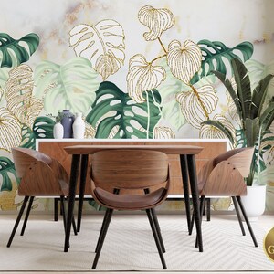 Tapete - Monstera Blätter Art Deco Grün & Gelb | Abziehen und aufkleben (selbstklebend) oder nicht klebendes Vinylpapier