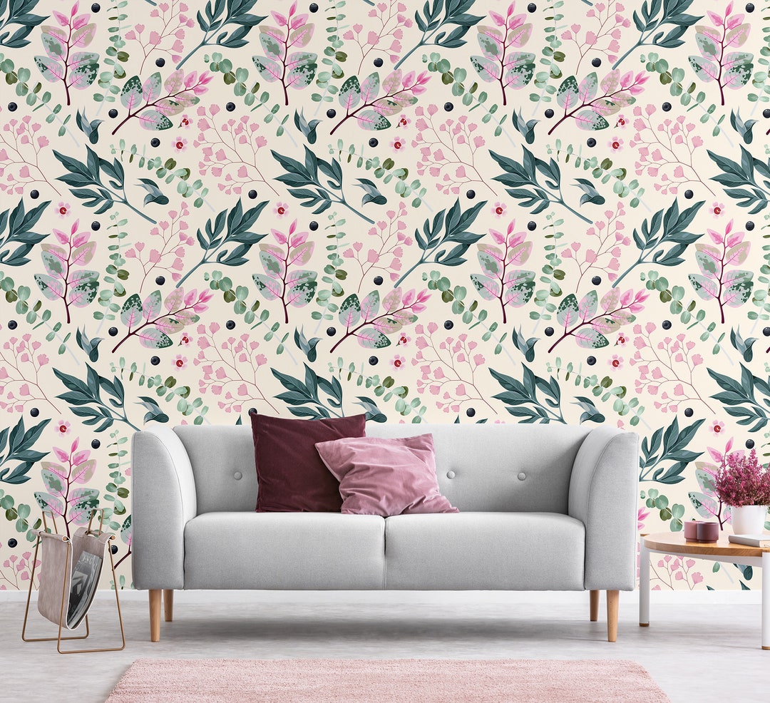 Yellow Wallpaper With Pink and Green Leaves, Peel & Stick, Self ...