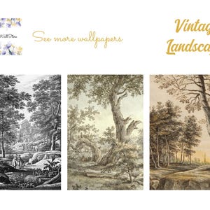 Puede incluir: Tres paneles rectangulares de papel pintado con ilustraciones de paisajes antiguos. El panel izquierdo es en blanco y negro, el central en tonos sepia y el derecho es una escena forestal en tonos c&aacute;lidos. El texto incluye "My Wall Store", "See more wallpapers" y "Vintage Landscape".