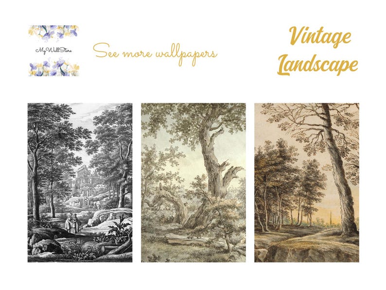 Puede incluir: Tres paneles rectangulares de papel pintado con ilustraciones de paisajes antiguos. El panel izquierdo es en blanco y negro, el central en tonos sepia y el derecho es una escena forestal en tonos c&aacute;lidos. El texto incluye "My Wall Store", "See more wallpapers" y "Vintage Landscape".