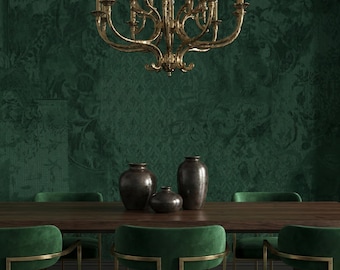 Green Grunge Damask Wallpaper, Dark Wall Mural, Vintage Style, Home Decor, Wall Art, Peel and Stick or Traditional Vinyl
