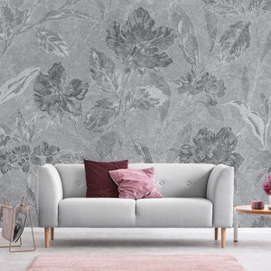 Monochromatic floral low relief wallpaper, self adhesive, peel and stick floral wall mural