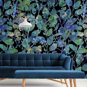 Aquarell blau-grüne Blätter Tapete* | selbstklebendes, wiederablösbares, Schälen & Aufkleben Wandbild