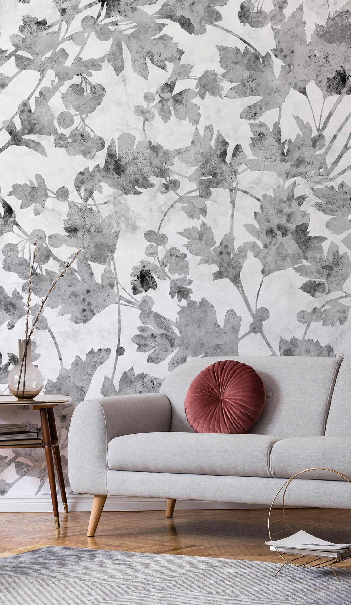 Abstract Leaf Wallpaper, Gray Monochr...