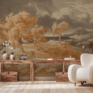 Vintage wallpaper with tree landscape, wall mural | Peel and Stick (Self Adhesive) or Non Adhesive Vinyl Paper