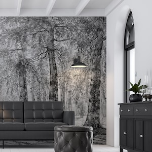 Schwarz-weiße Waldtapete, Vintage Landschaft Wandbild | Abziehen und aufkleben (selbstklebend) oder nicht klebendes Vinylpapier