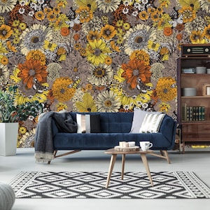 Flowers in yellow tones, floral pattern, beautiful sunflowers, wallpaper| self-adhesive, removable, peel and stick wall mural