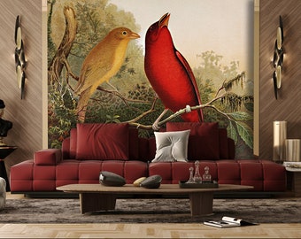 Vintage Birds Wallpaper Mural, Peel and Stick or Vinyl