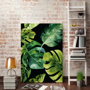 Lienzo impreso con diseño de hoja de monstera en acuarela, arte mural tropical (PARA MONTAR)