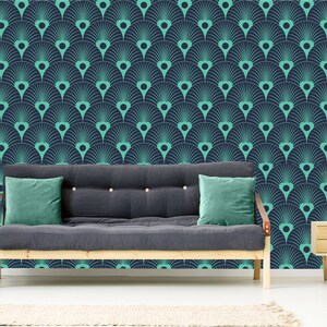 Carta da parati con motivi geometrici art deco blu scuro e verde / murale autoadesivo, rimovibile, stacca e incolla, decorazione murale