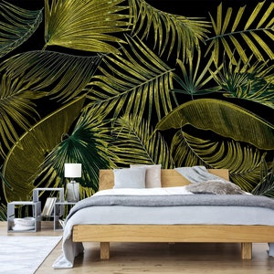 Jungle wallpaper with green tropical leaves, self adhesive, peel and stick floral wall mural