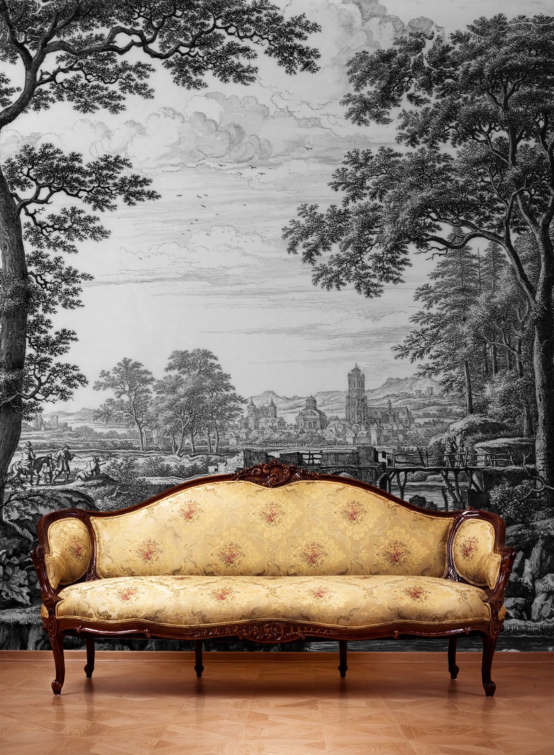 Black and White Old Landscape Art Wallpaper With Trees and | Etsy UK