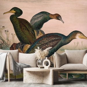 Vintage Vögel und Seerose Seelandschaft Tapete | Schälen und aufkleben (selbstklebend) oder nicht klebendes Vinylpapier