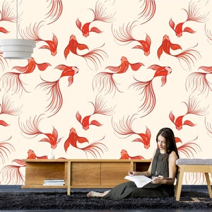 Ivory wallpaper with red koi fish pattern | self-adhesive, removable, peel & stick wall mural, wall decor