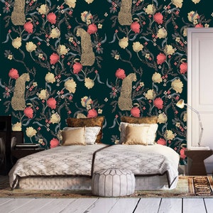 Donker behang met luipaarden en bloesems | zelfklevende, verwijderbare, peel & stick muurschildering, wanddecoratie